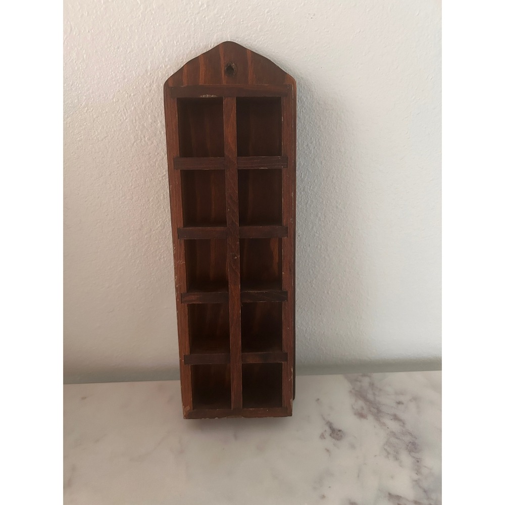 Vintage Wooden Shadow Box Wall Shelf 10 Cubby Miniature Display Case Dark Wood